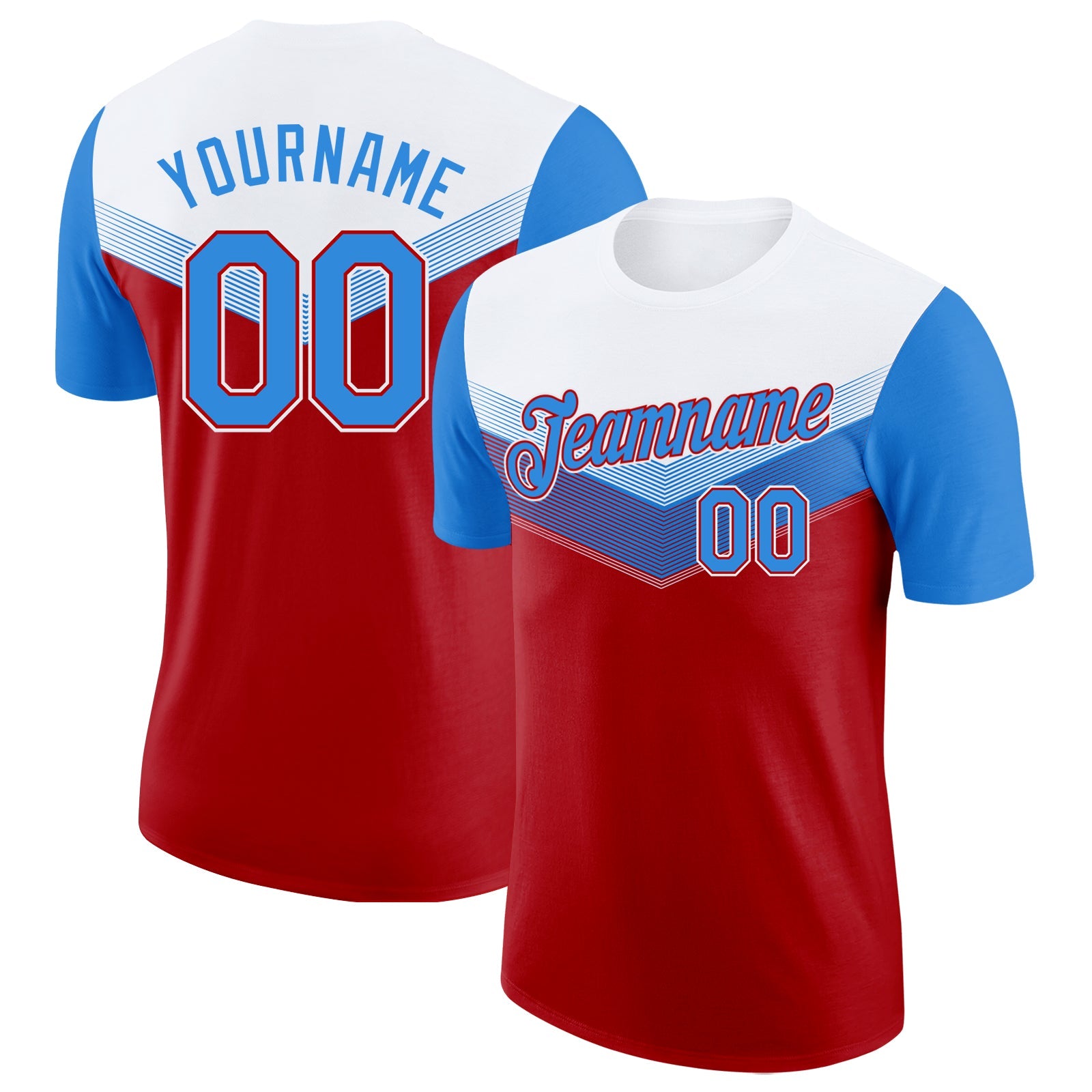 Custom White Powder Blue-Red Geometric V-Lines Color Block Performance T-Shirt - Main View