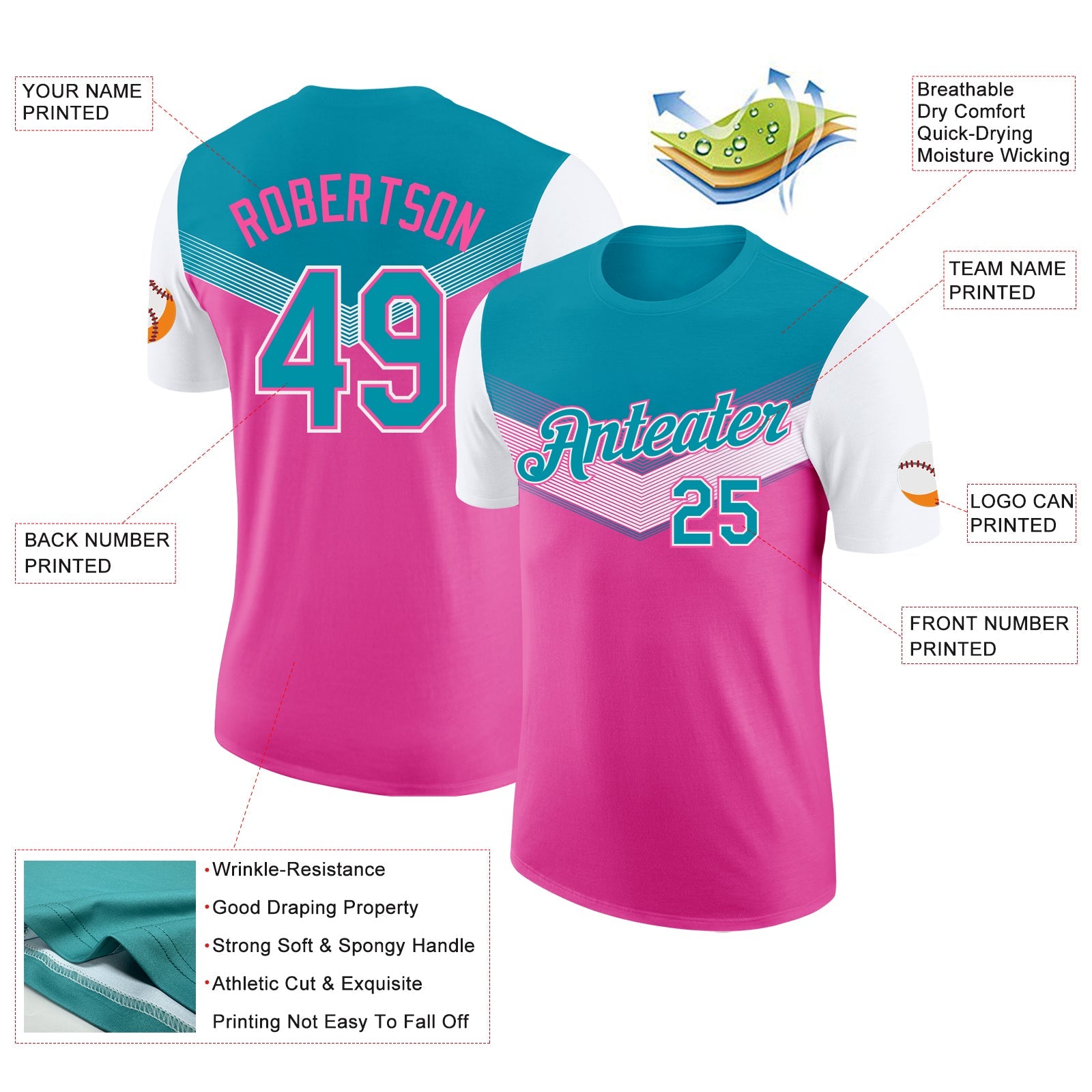 Custom Teal Pink-White Geometric V-Lines Color Block Performance T-Shirt view 2
