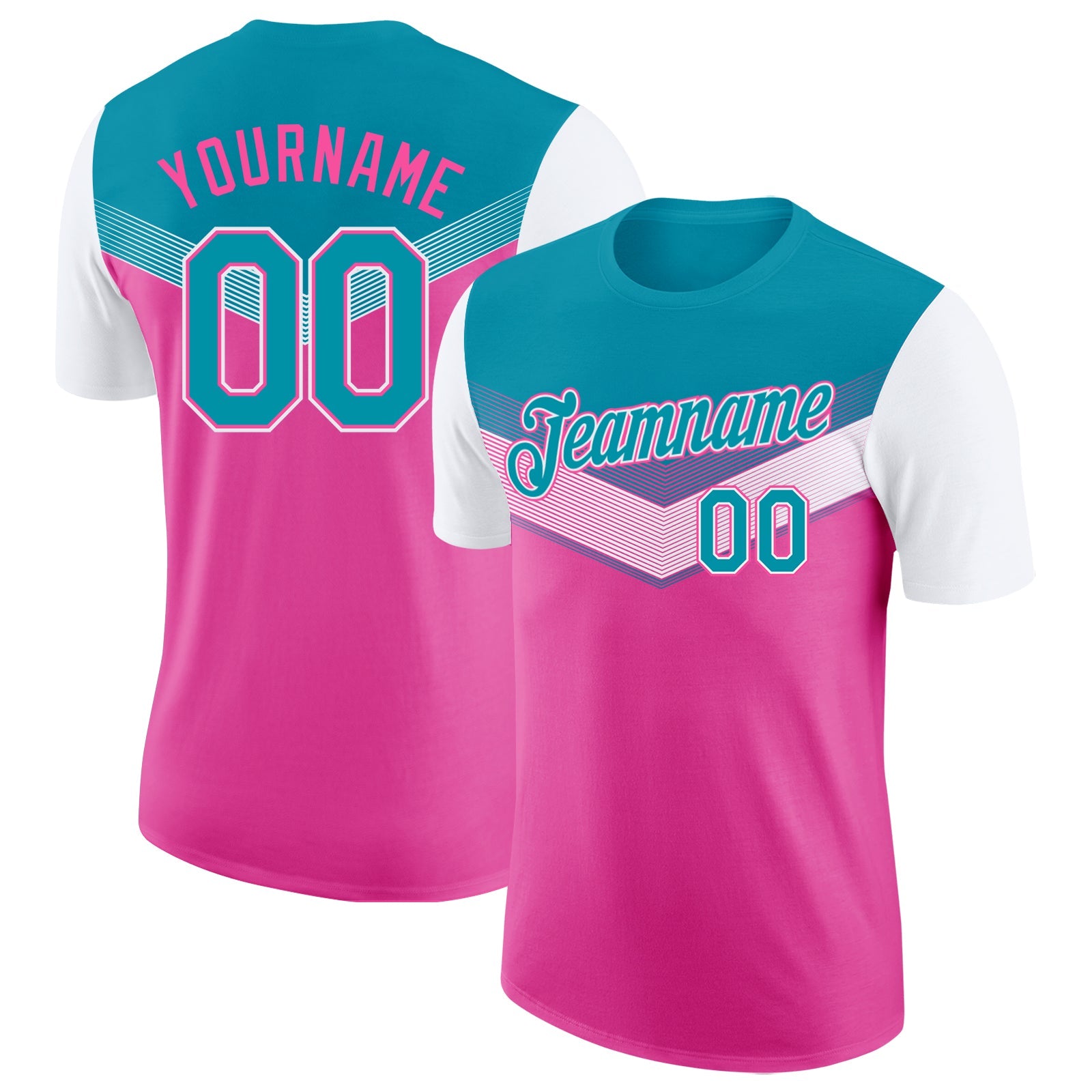 Custom Teal Pink-White Geometric V-Lines Color Block Performance T-Shirt - Main View