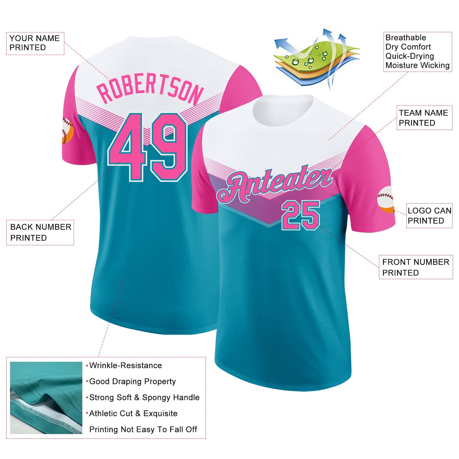 Custom White Pink-Teal Geometric V-Lines Color Block Performance T-Shirt view 2