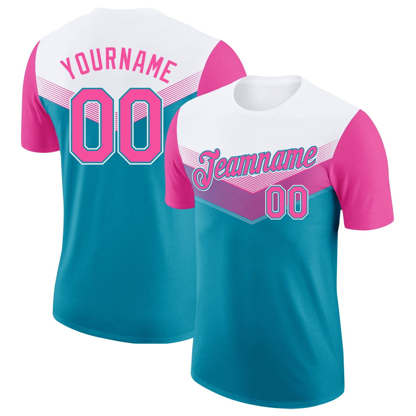 Custom White Pink-Teal Geometric V-Lines Color Block Performance T-Shirt - Main View