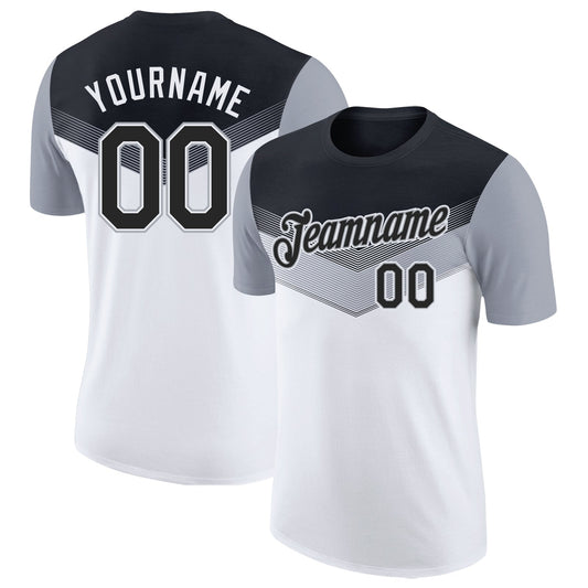 Custom Black White-Gray Geometric V-Lines Color Block Performance T-Shirt - Main View