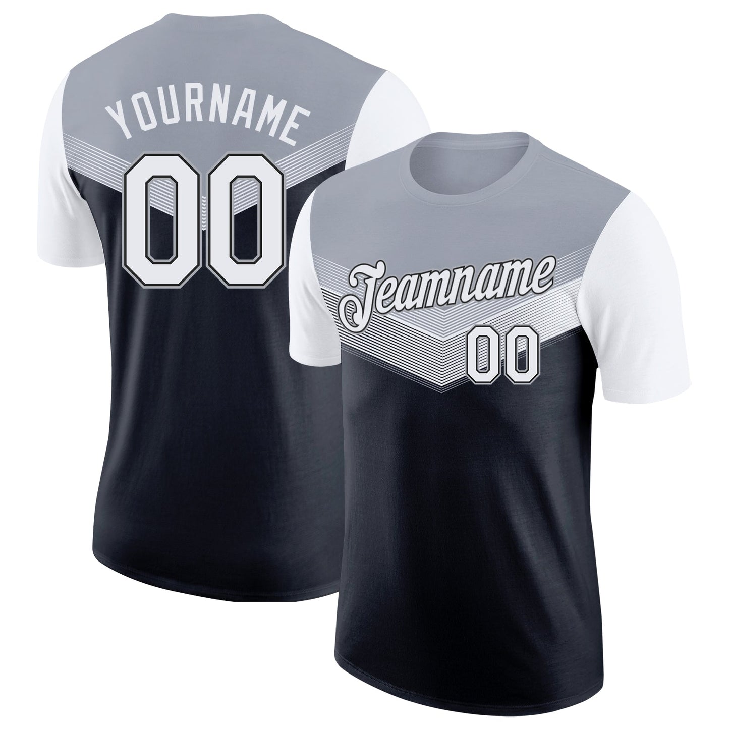 Custom Gray White-Black Geometric V-Lines Color Block Performance T-Shirt - Main View
