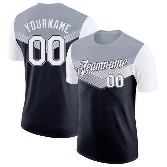 Custom Gray White-Black Geometric V-Lines Color Block Performance T-Shirt - Main View