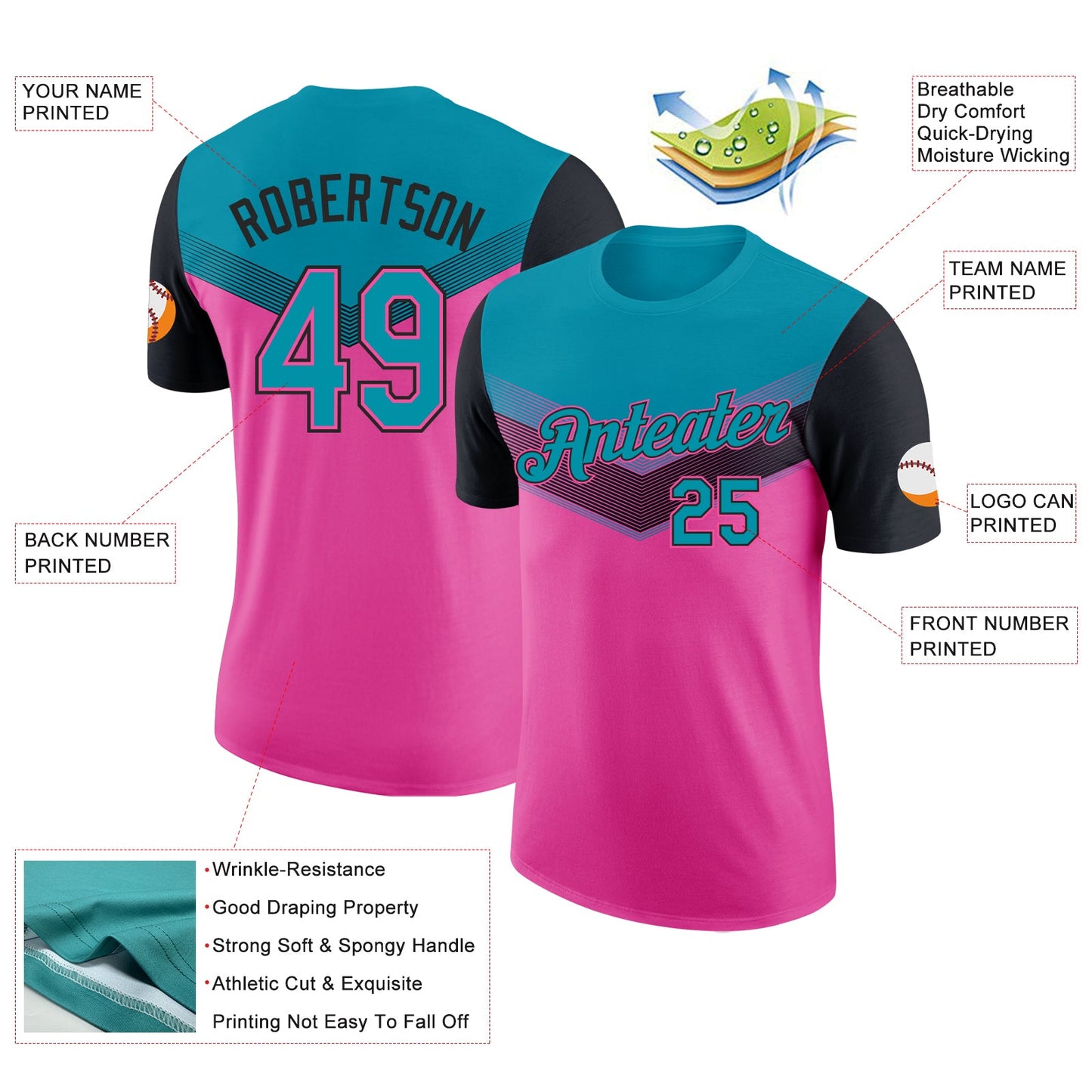 Custom Teal Pink-Black Geometric V-Lines Color Block Performance T-Shirt view 2