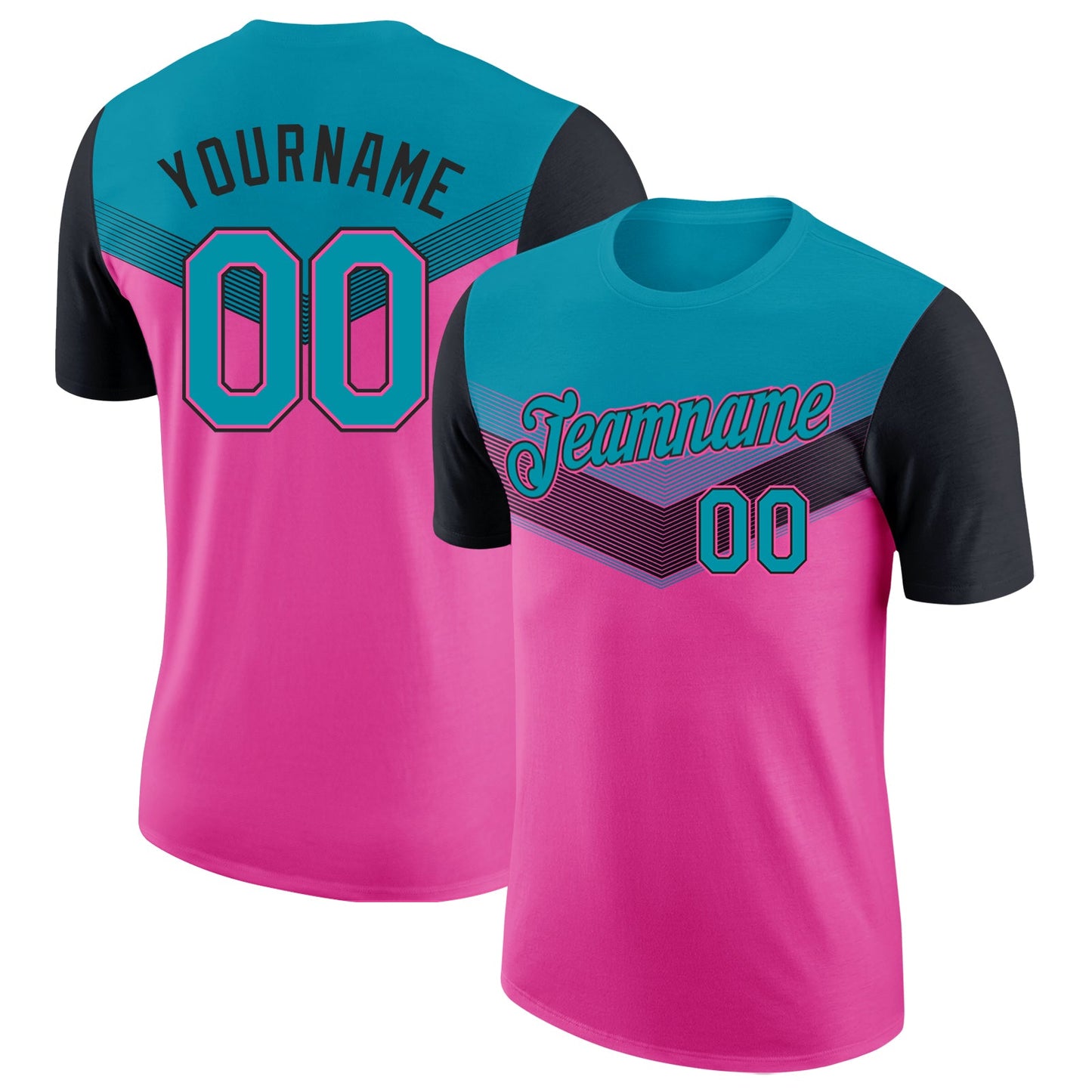 Custom Teal Pink-Black Geometric V-Lines Color Block Performance T-Shirt - Main View