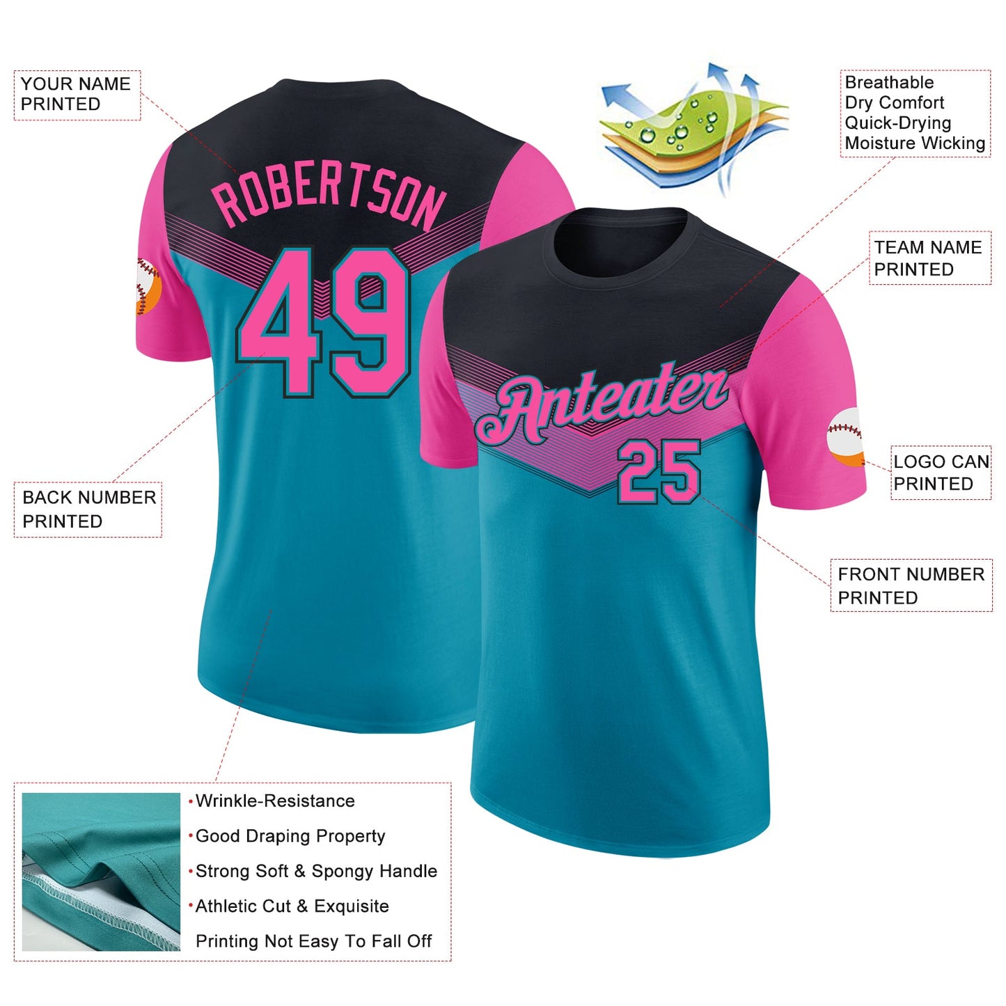 Custom Black Pink-Teal Geometric V-Lines Color Block Performance T-Shirt view 2