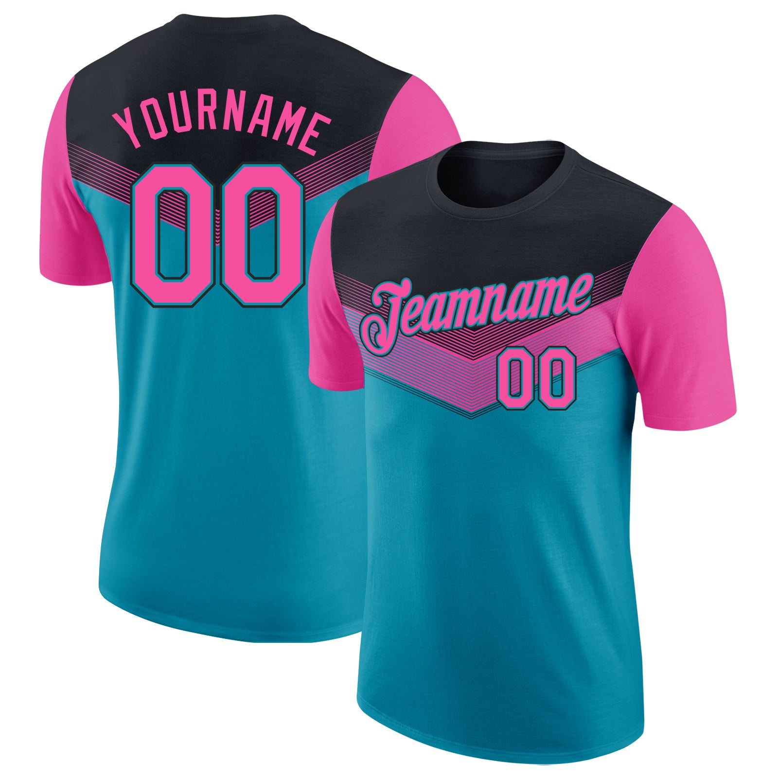 Custom Black Pink-Teal Geometric V-Lines Color Block Performance T-Shirt - Main View