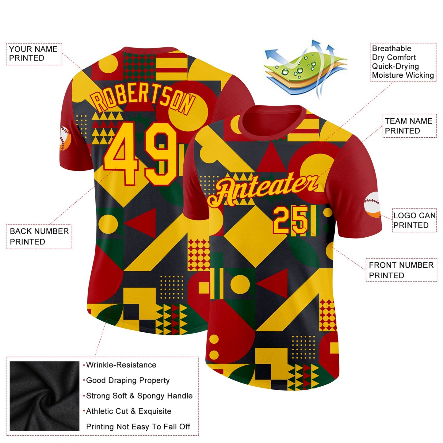 Custom Black Yellow-Red 3D Pattern Design Black History Month Performance T-Shirt view 2