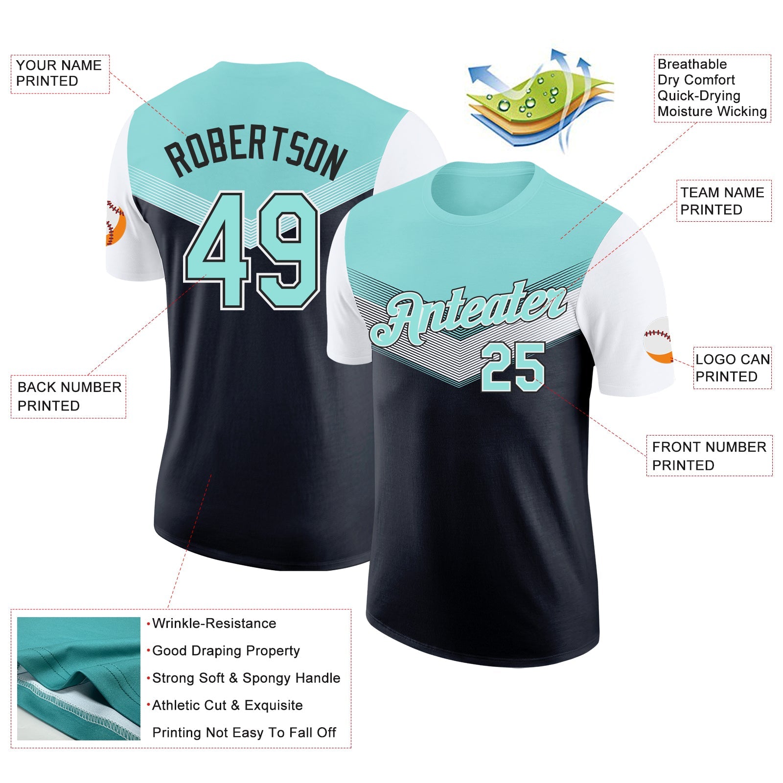 Custom Ice Blue Black-White Geometric V-Lines Color Block Performance T-Shirt view 2