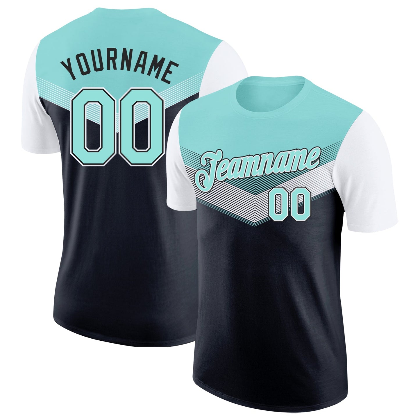 Custom Ice Blue Black-White Geometric V-Lines Color Block Performance T-Shirt - Main View