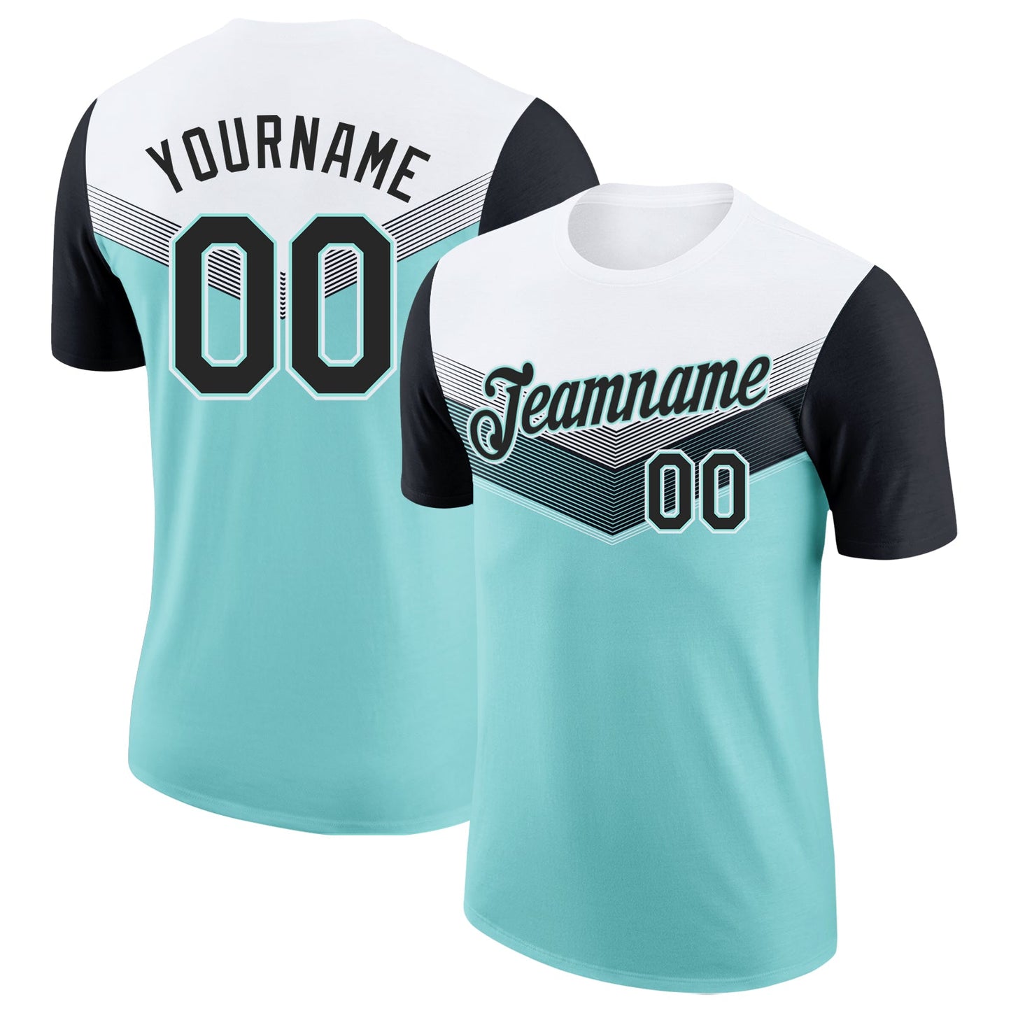 Custom White Black-Ice Blue Geometric V-Lines Color Block Performance T-Shirt - Main View