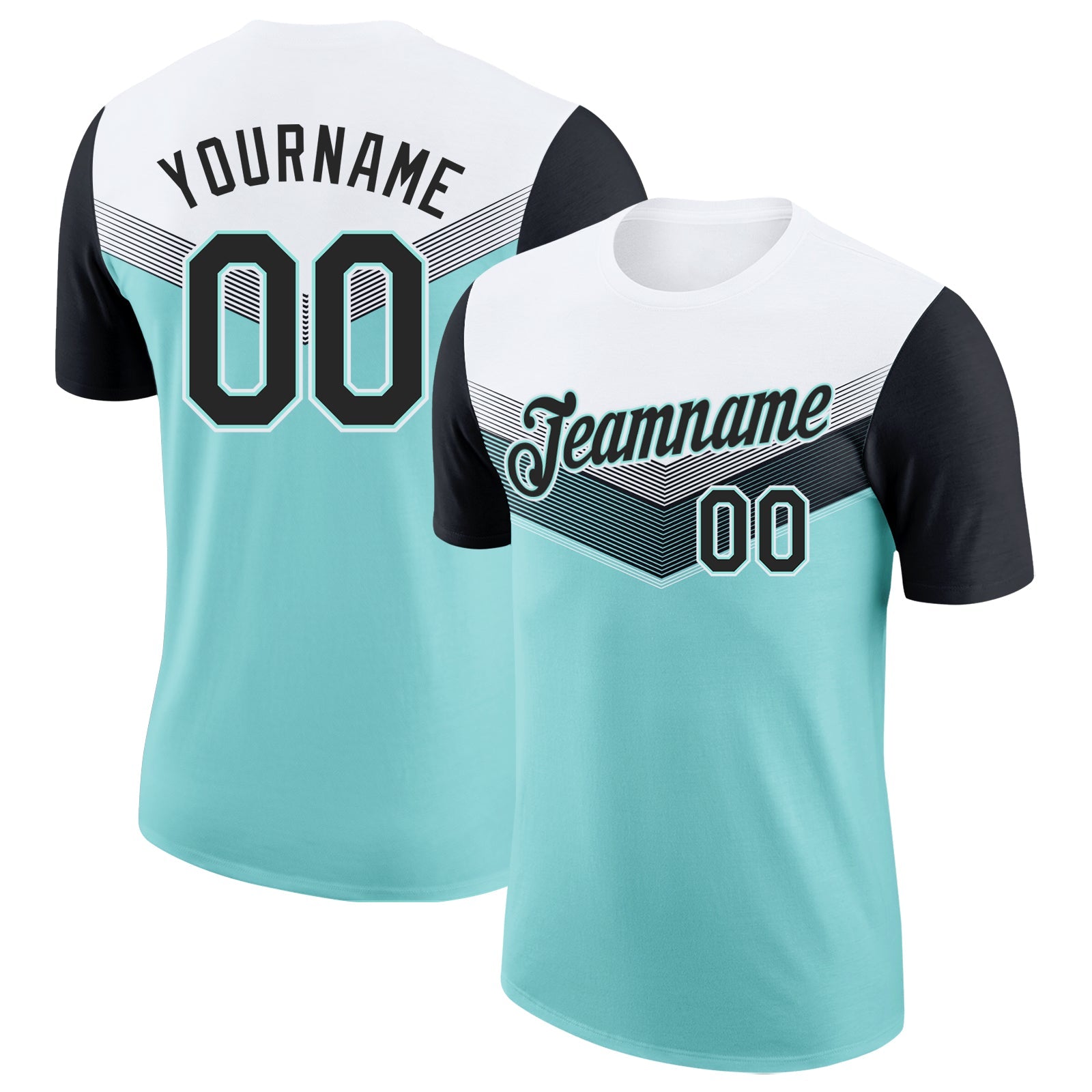 Custom White Black-Ice Blue Geometric V-Lines Color Block Performance T-Shirt - Main View