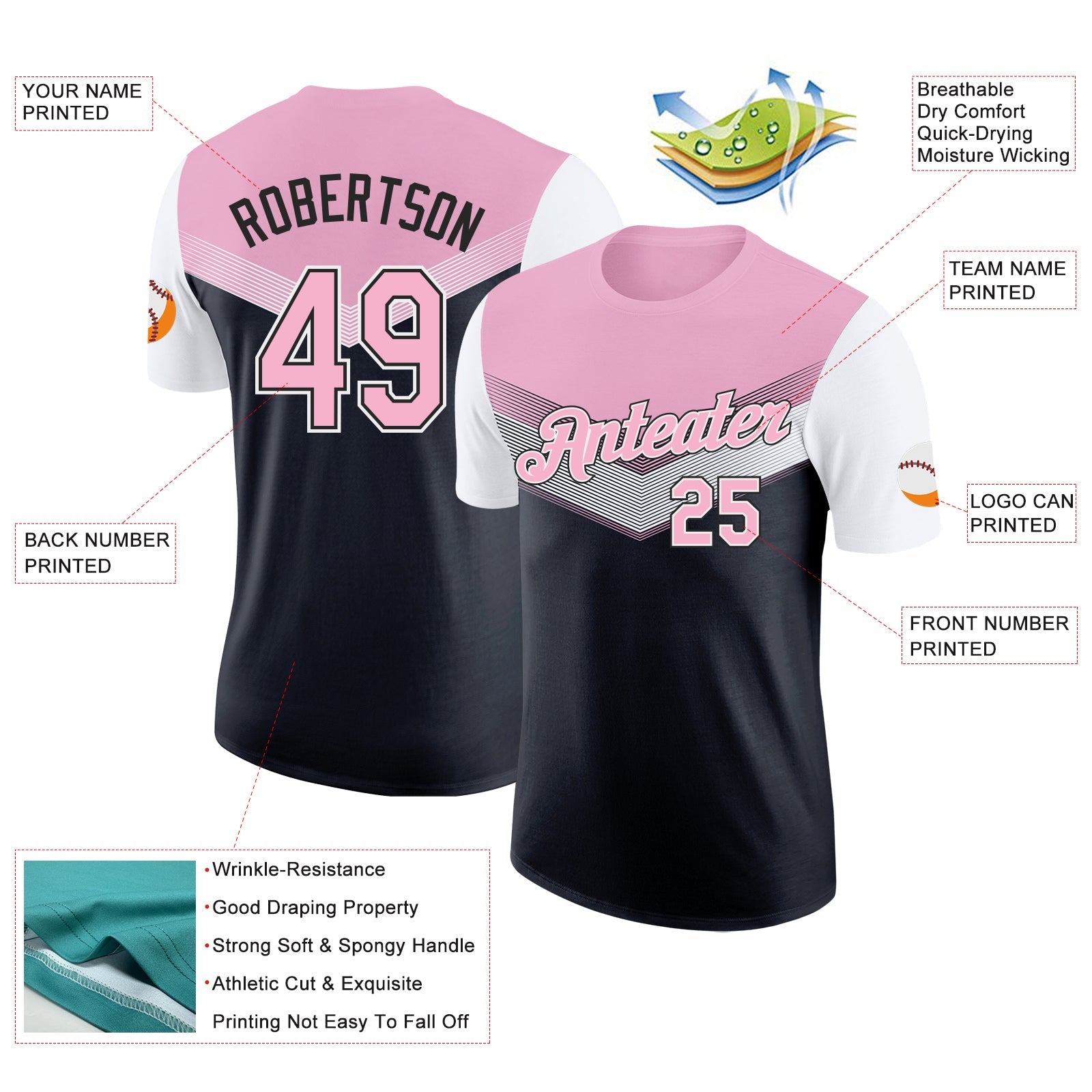 Custom Light Pink Black-White Geometric V-Lines Color Block Performance T-Shirt view 2