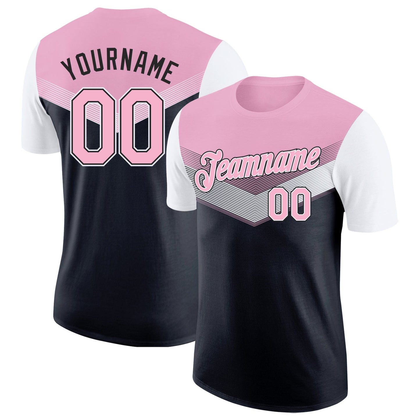 Custom Light Pink Black-White Geometric V-Lines Color Block Performance T-Shirt - Main View