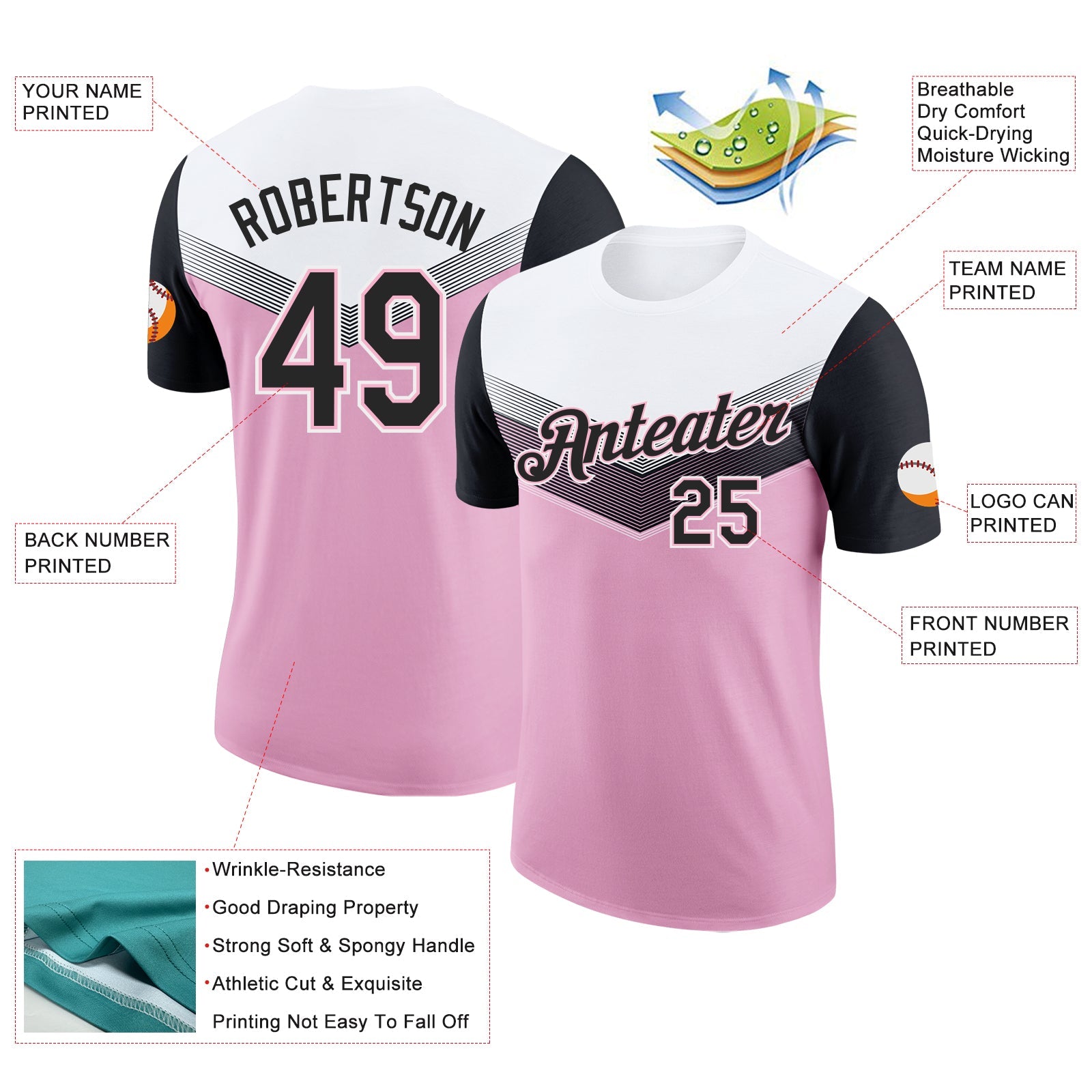 Custom White Black-Light Pink Geometric V-Lines Color Block Performance T-Shirt view 2