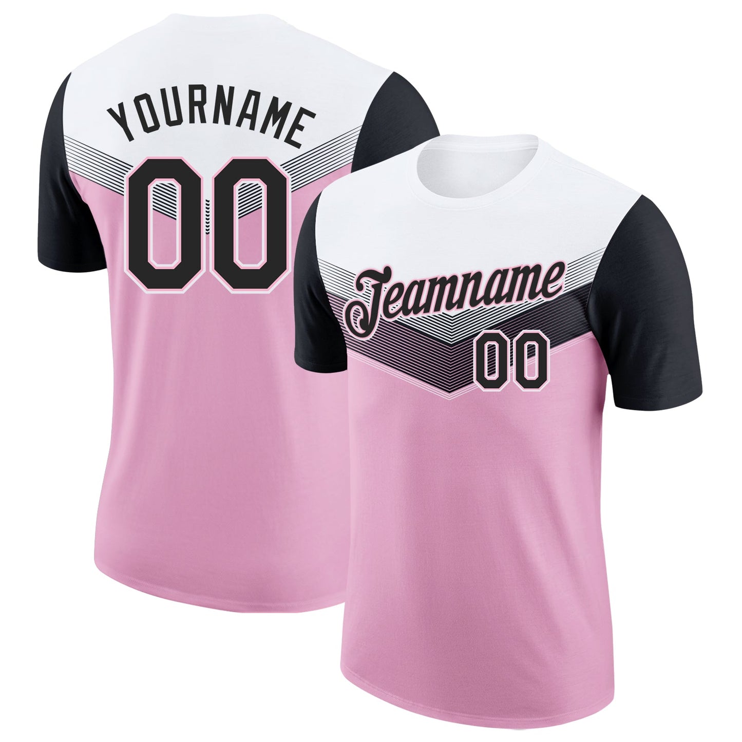 Custom White Black-Light Pink Geometric V-Lines Color Block Performance T-Shirt - Main View