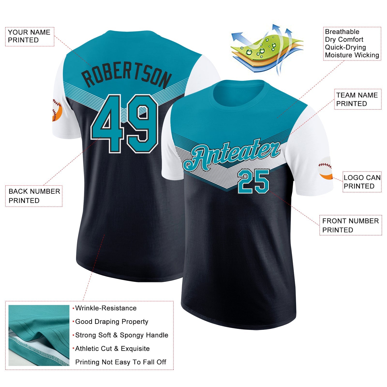 Custom Teal Black-White Geometric V-Lines Color Block Performance T-Shirt view 2