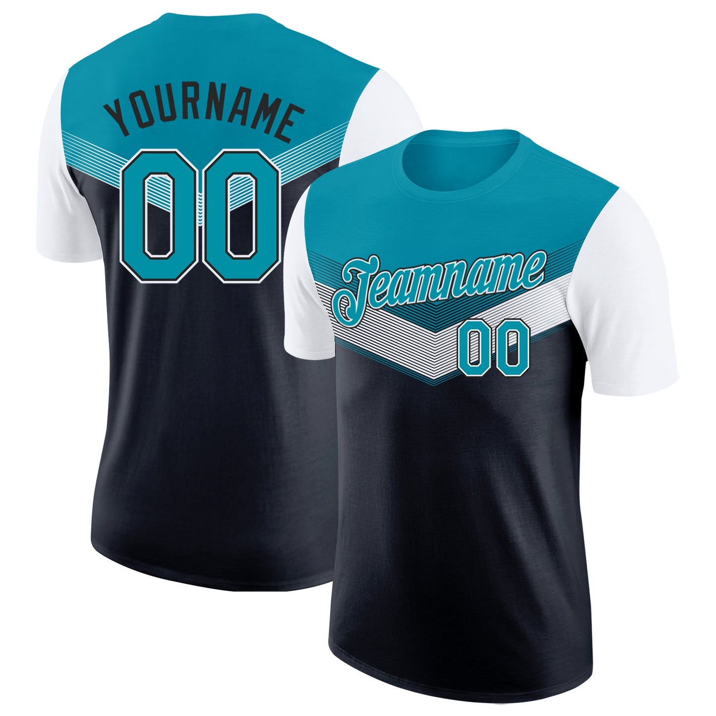 Custom Teal Black-White Geometric V-Lines Color Block Performance T-Shirt - Main View