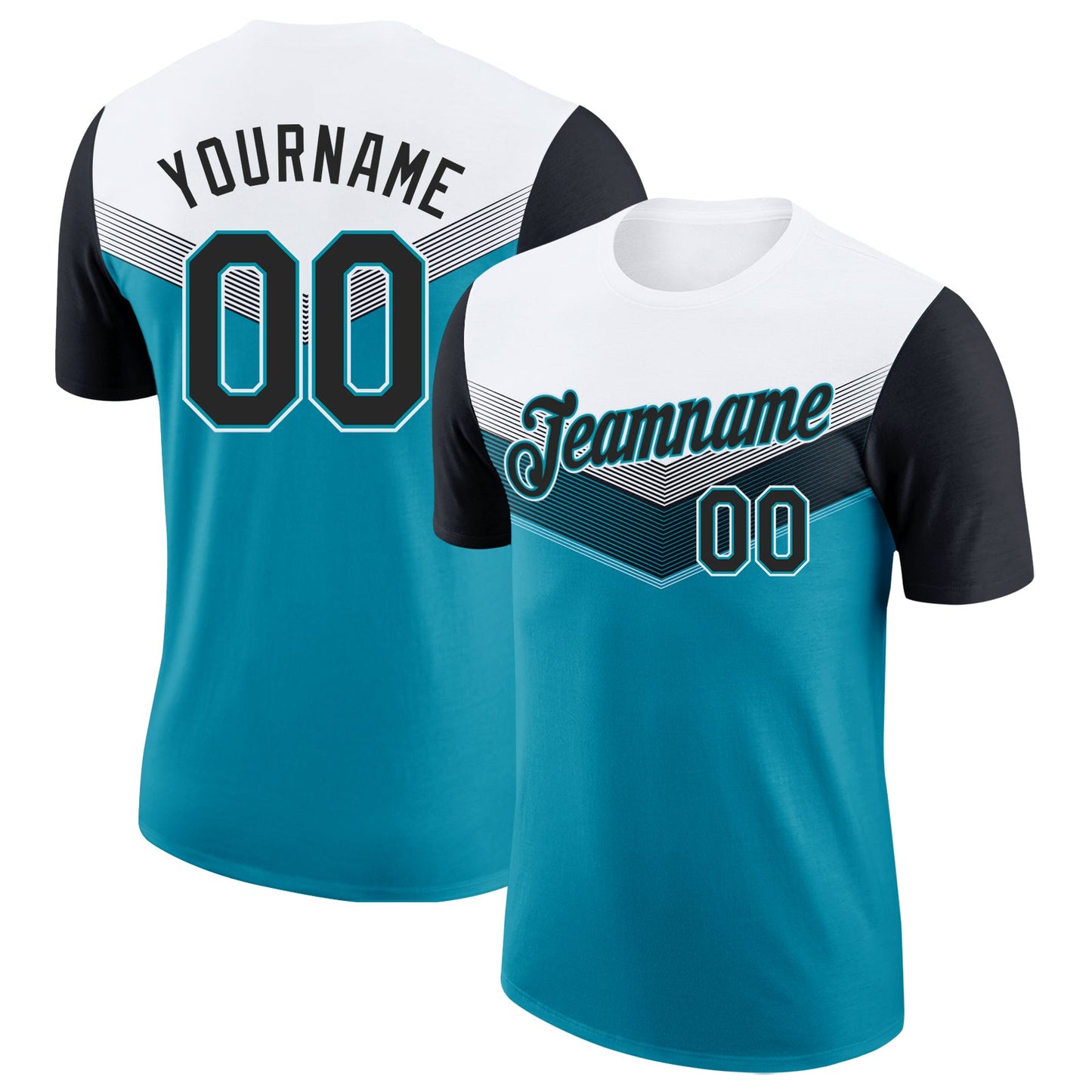 Custom White Black-Teal Geometric V-Lines Color Block Performance T-Shirt - Main View