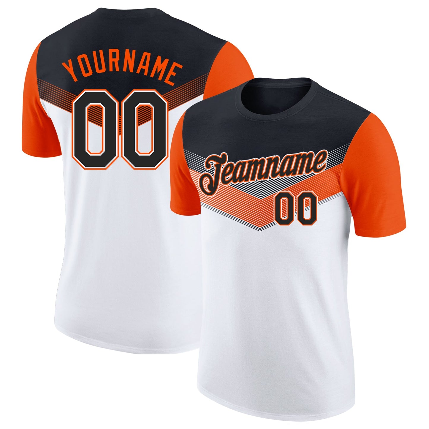 Custom Black White-Orange Geometric V-Lines Color Block Performance T-Shirt - Main View