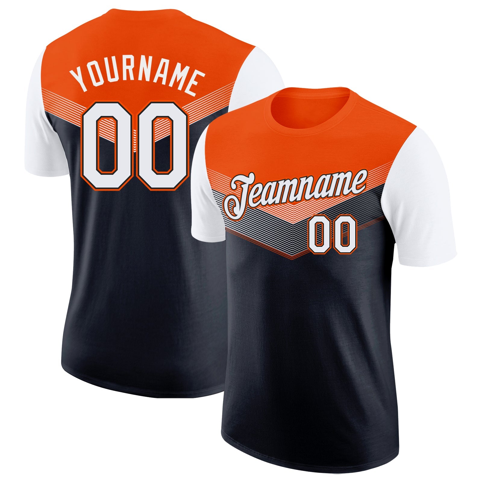 Custom Orange White-Black Geometric V-Lines Color Block Performance T-Shirt - Main View