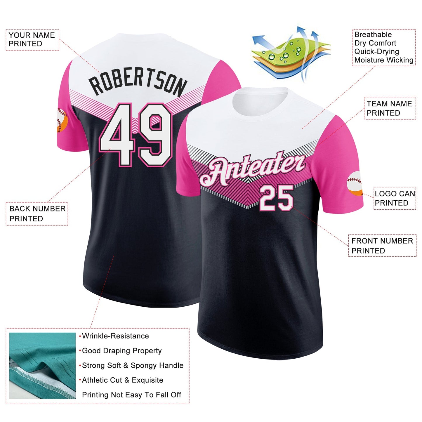 Custom White Black-Pink Geometric V-Lines Color Block Performance T-Shirt view 2