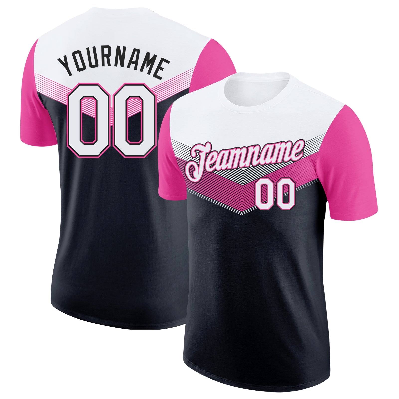 Custom White Black-Pink Geometric V-Lines Color Block Performance T-Shirt - Main View