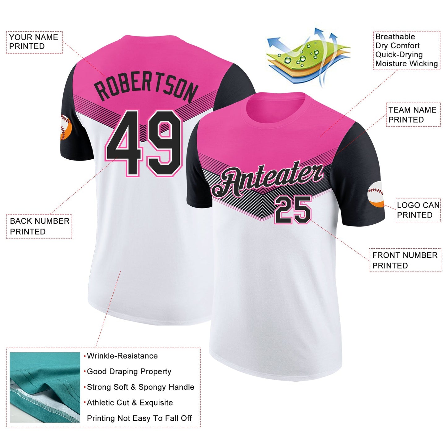 Custom Pink Black-White Geometric V-Lines Color Block Performance T-Shirt view 2