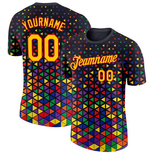 Custom Black Yellow-Red 3D Pattern Design Black History Month Performance T-Shirt - Main View