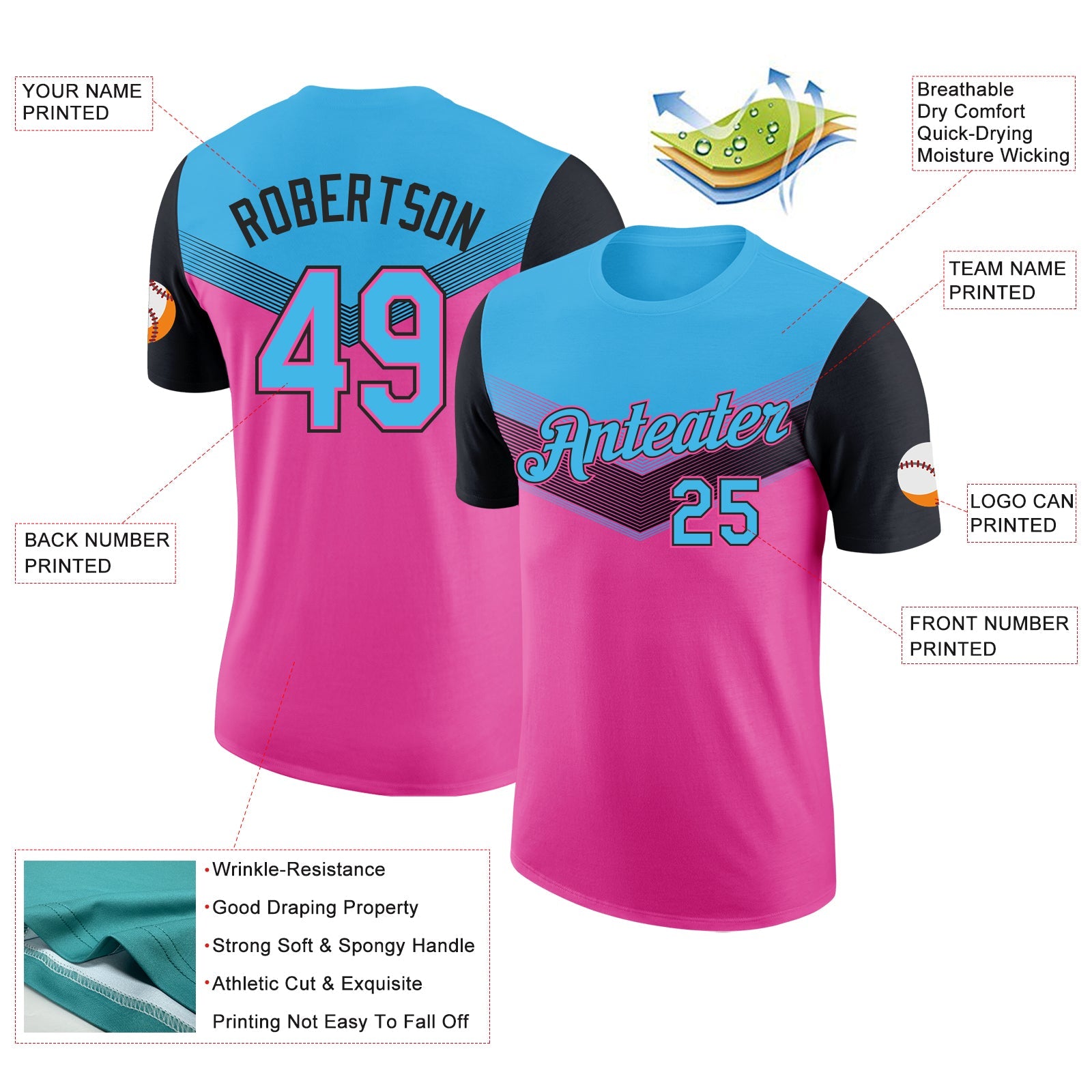 Custom Sky Blue Pink-Black Geometric V-Lines Color Block Performance T-Shirt view 2