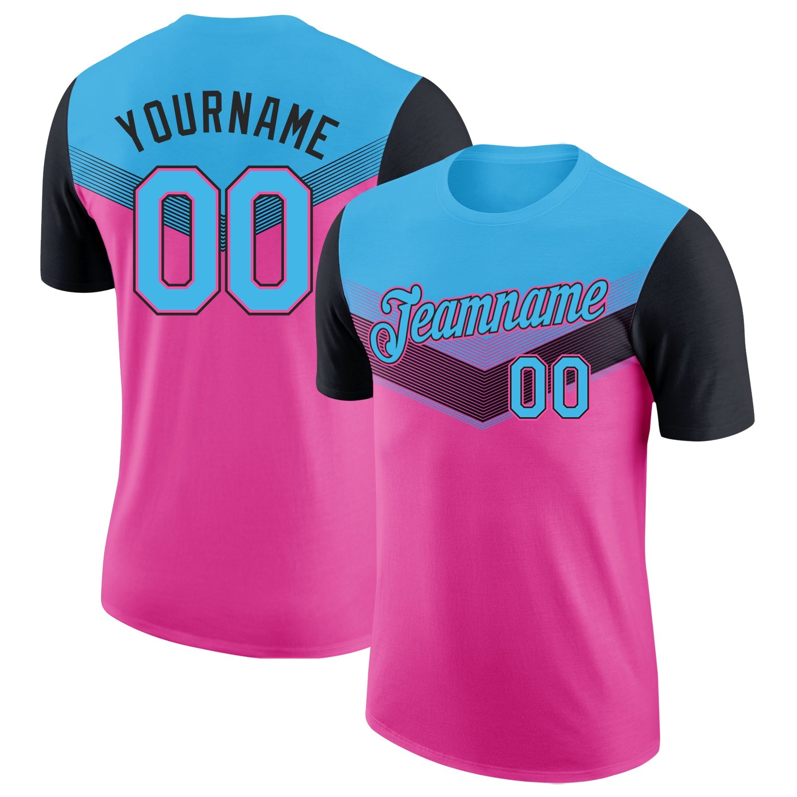 Custom Sky Blue Pink-Black Geometric V-Lines Color Block Performance T-Shirt - Main View