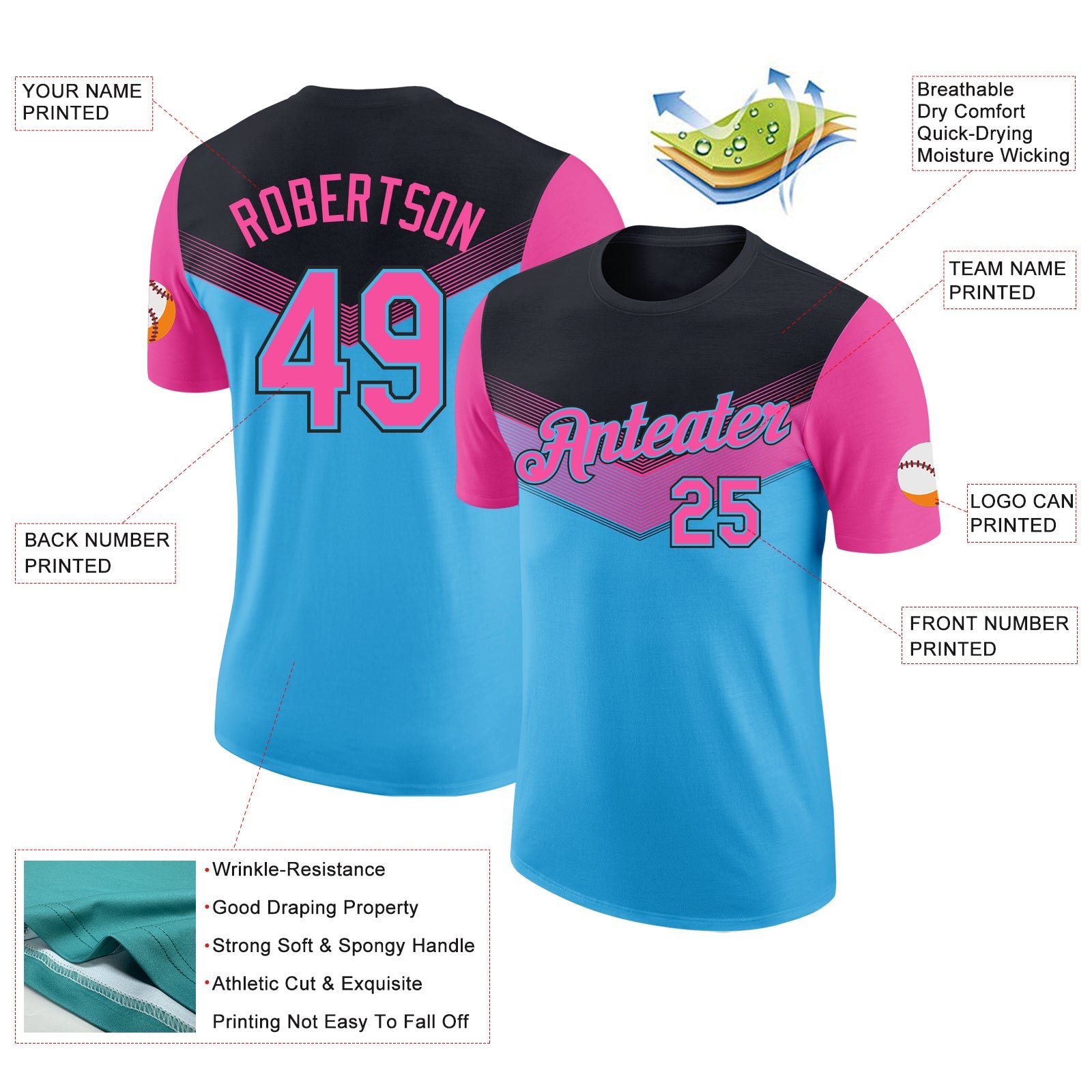 Custom Black Pink-Sky Blue Geometric V-Lines Color Block Performance T-Shirt view 2
