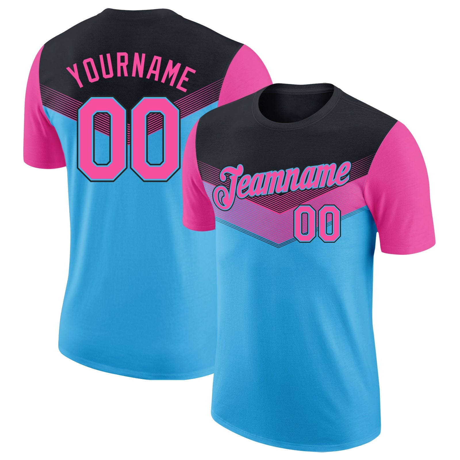 Custom Black Pink-Sky Blue Geometric V-Lines Color Block Performance T-Shirt - Main View