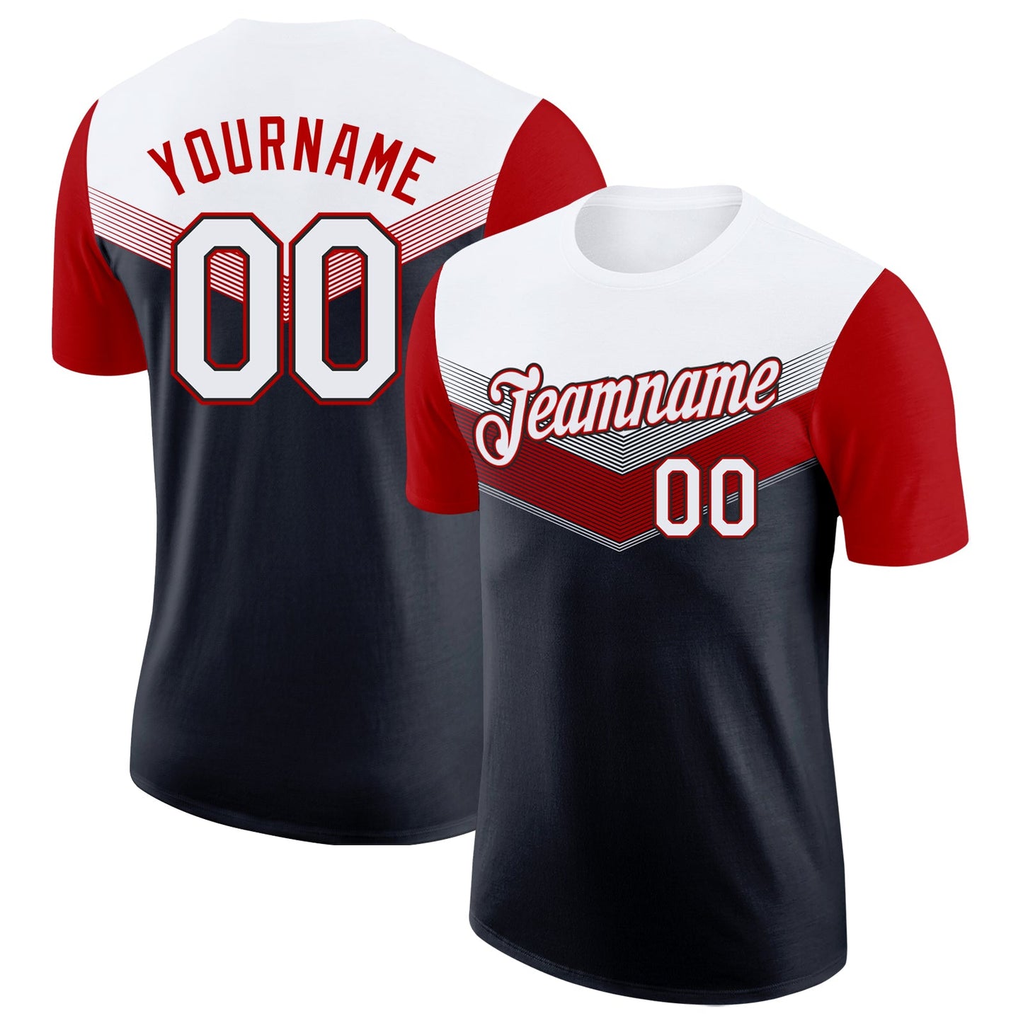 Custom White Black-Red Geometric V-Lines Color Block Performance T-Shirt - Main View
