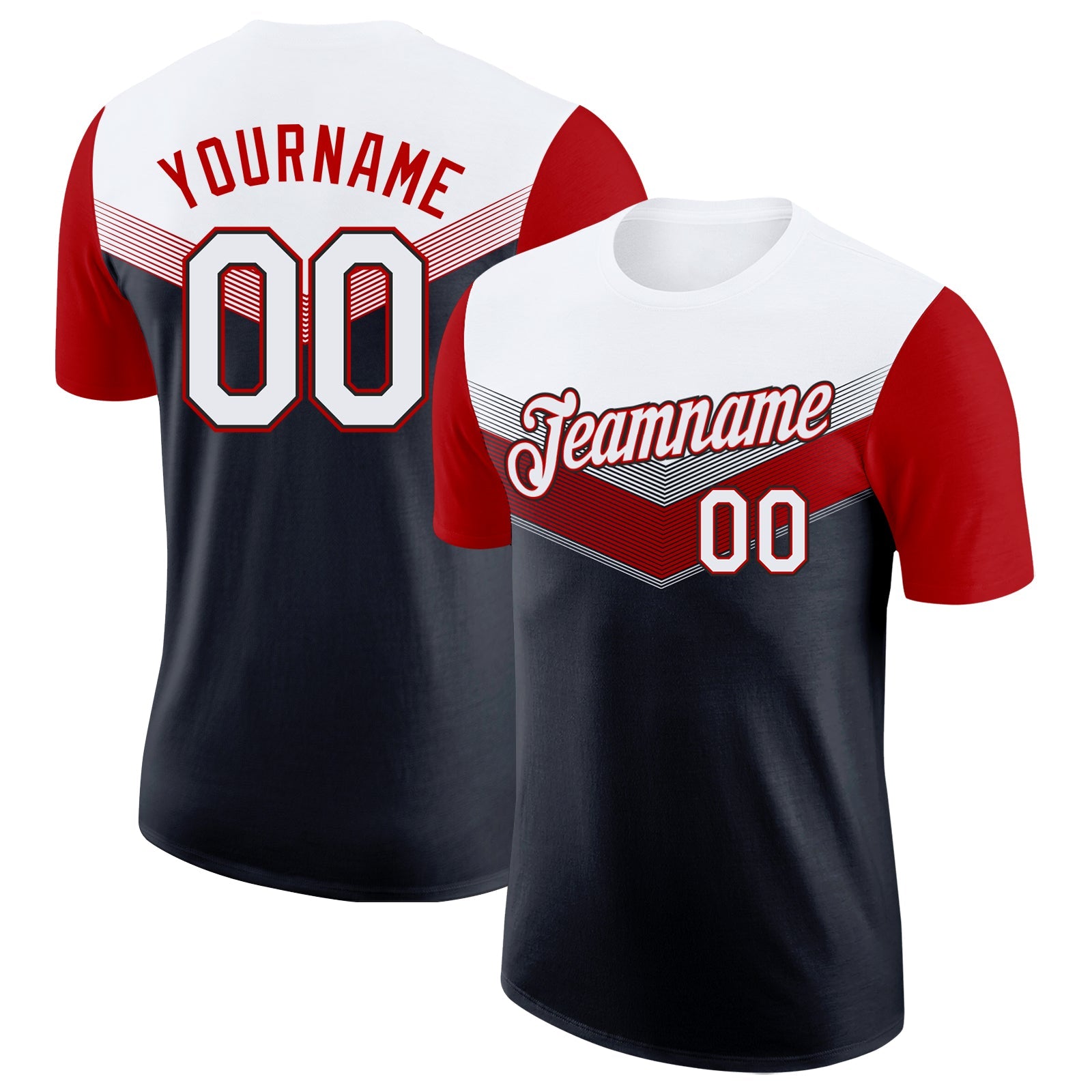 Custom White Black-Red Geometric V-Lines Color Block Performance T-Shirt - Main View