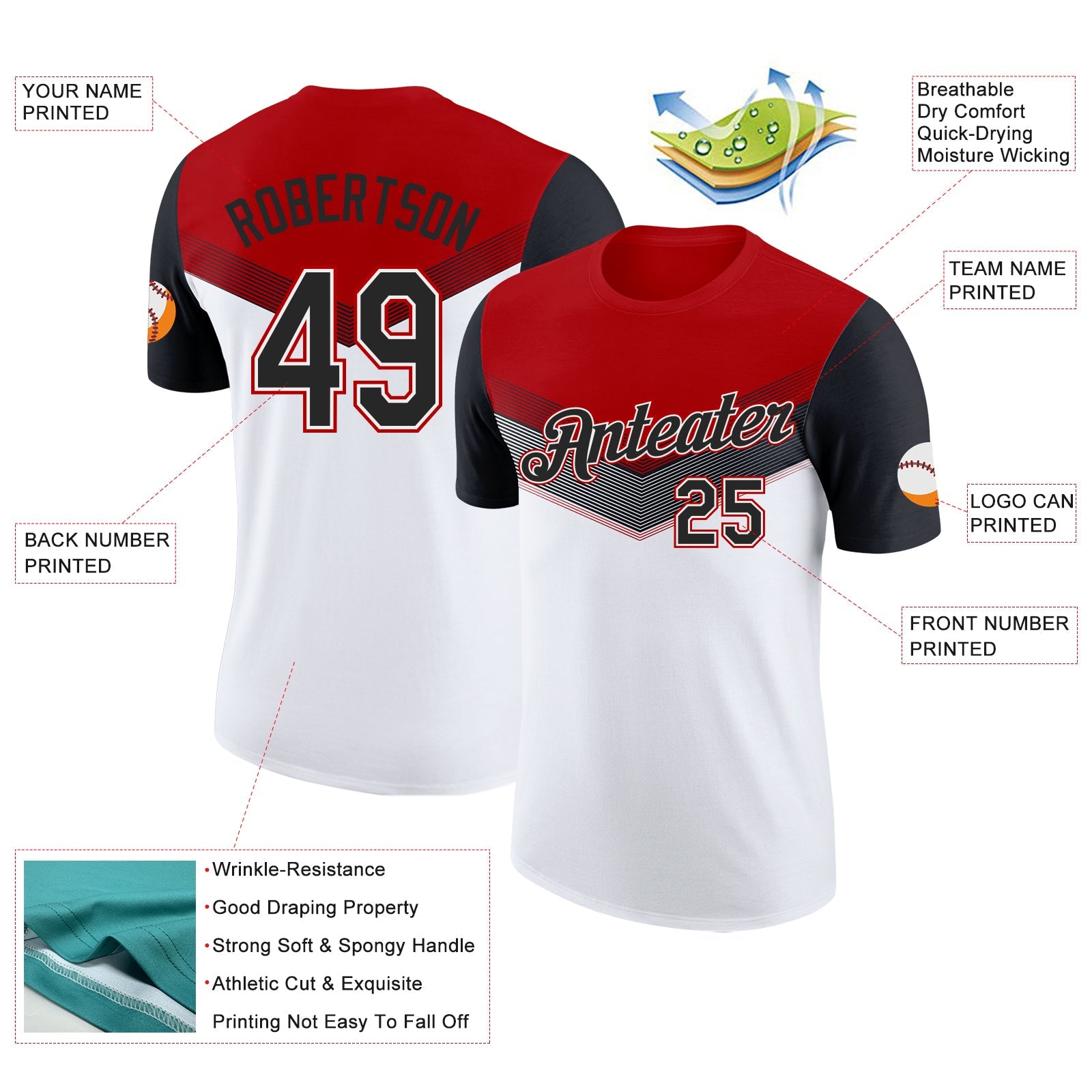 Custom Red Black-White Geometric V-Lines Color Block Performance T-Shirt view 2