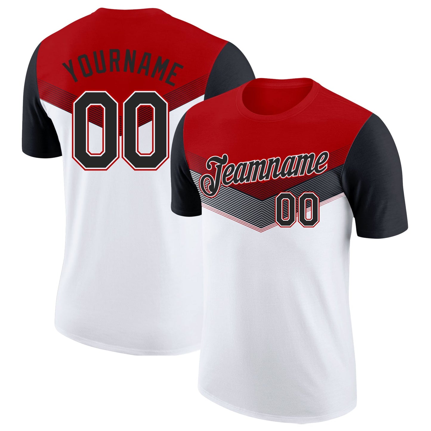 Custom Red Black-White Geometric V-Lines Color Block Performance T-Shirt - Main View