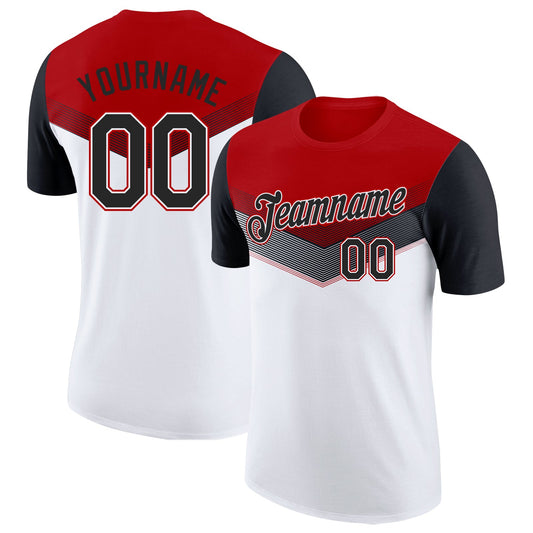 Custom Red Black-White Geometric V-Lines Color Block Performance T-Shirt - Main View