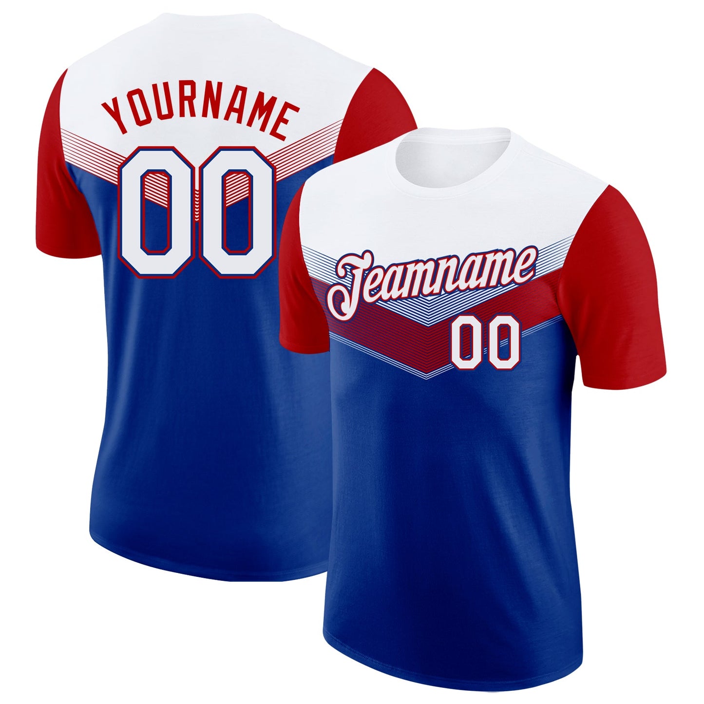 Custom White Royal-Red Geometric V-Lines Color Block Performance T-Shirt - Main View
