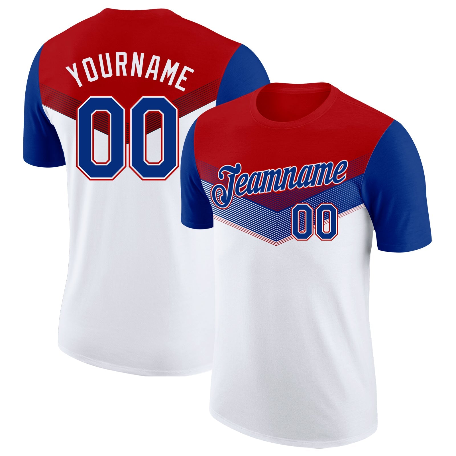 Custom Red Royal-White Geometric V-Lines Color Block Performance T-Shirt - Main View