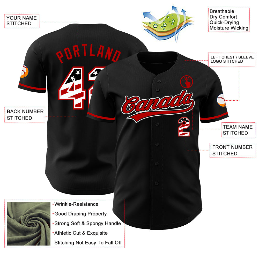 Custom Black USA Flag White-Red Authentic Baseball Jersey view 3