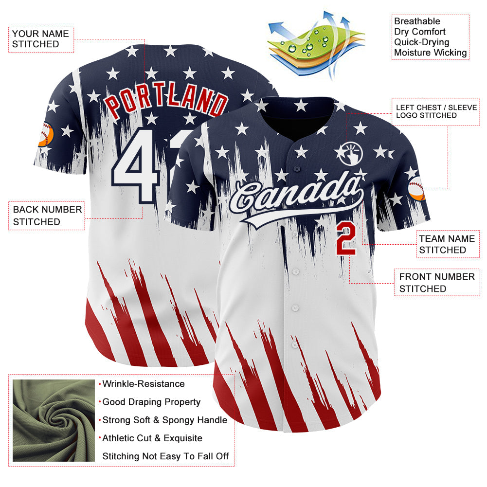 Custom Navy Red-White USA American Flag Authentic Baseball Jersey view 3