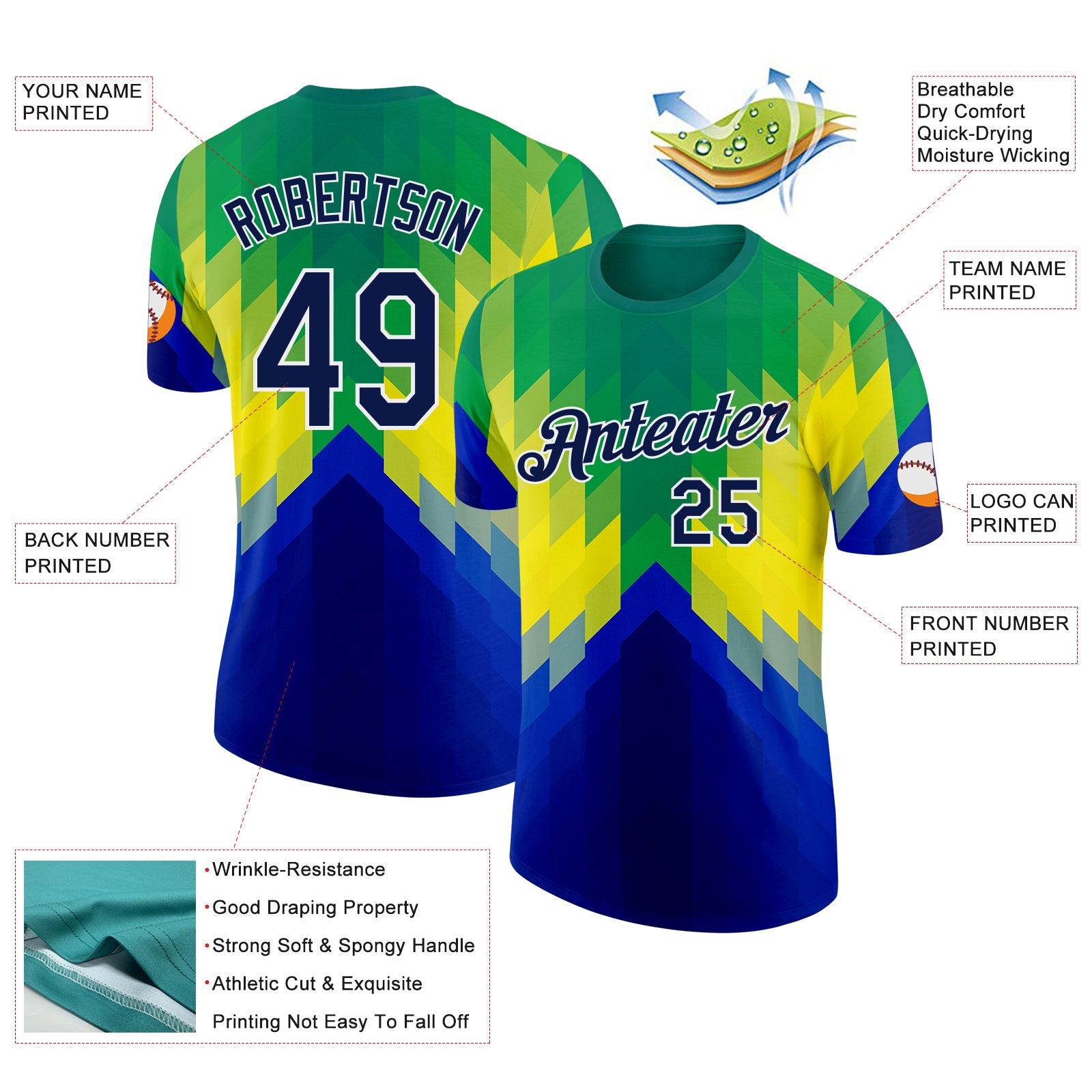 Custom Green Navy Blue-White Geometric Gradient Digital Mosaic Performance T-Shirt view 2