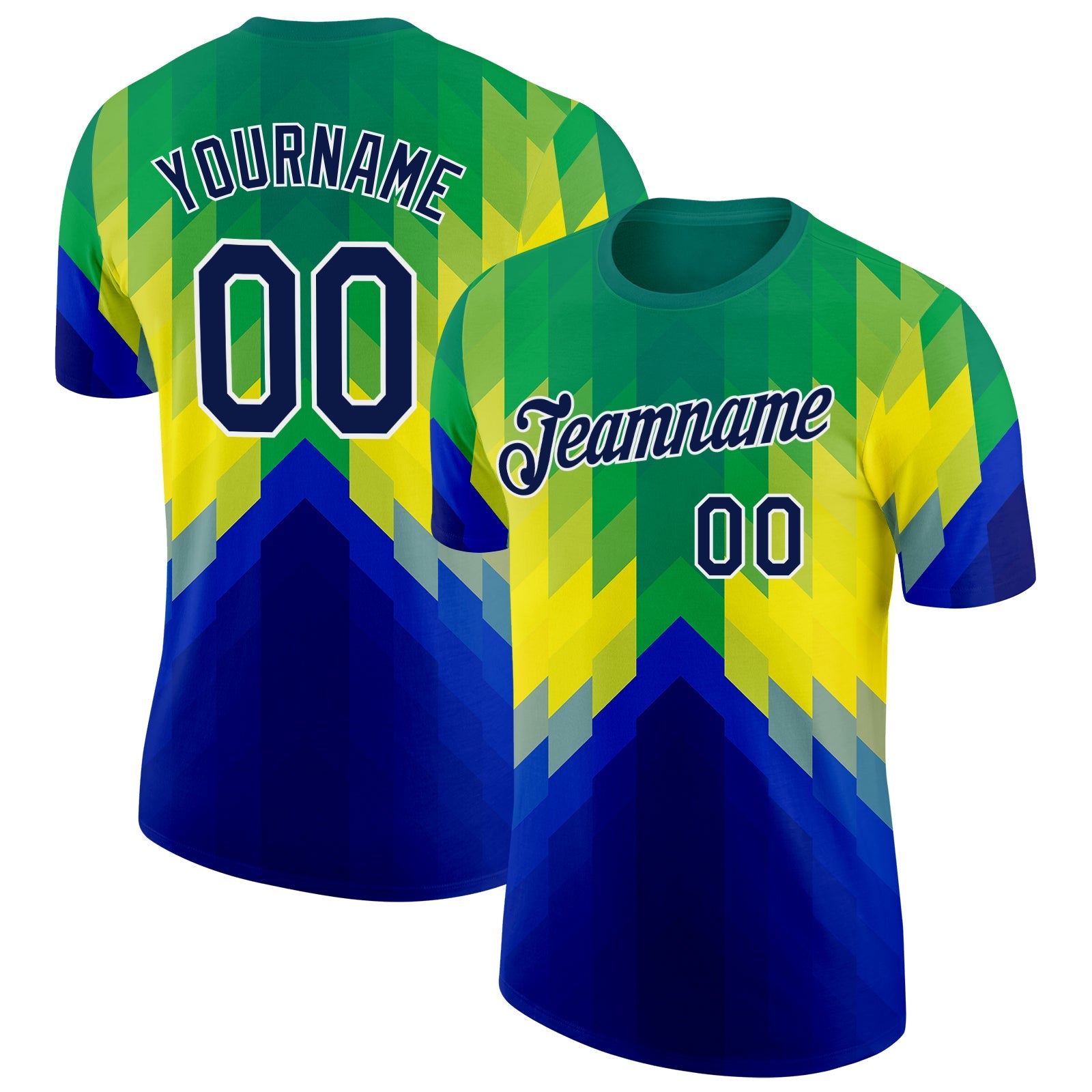 Custom Green Navy Blue-White Geometric Gradient Digital Mosaic Performance T-Shirt - Main View