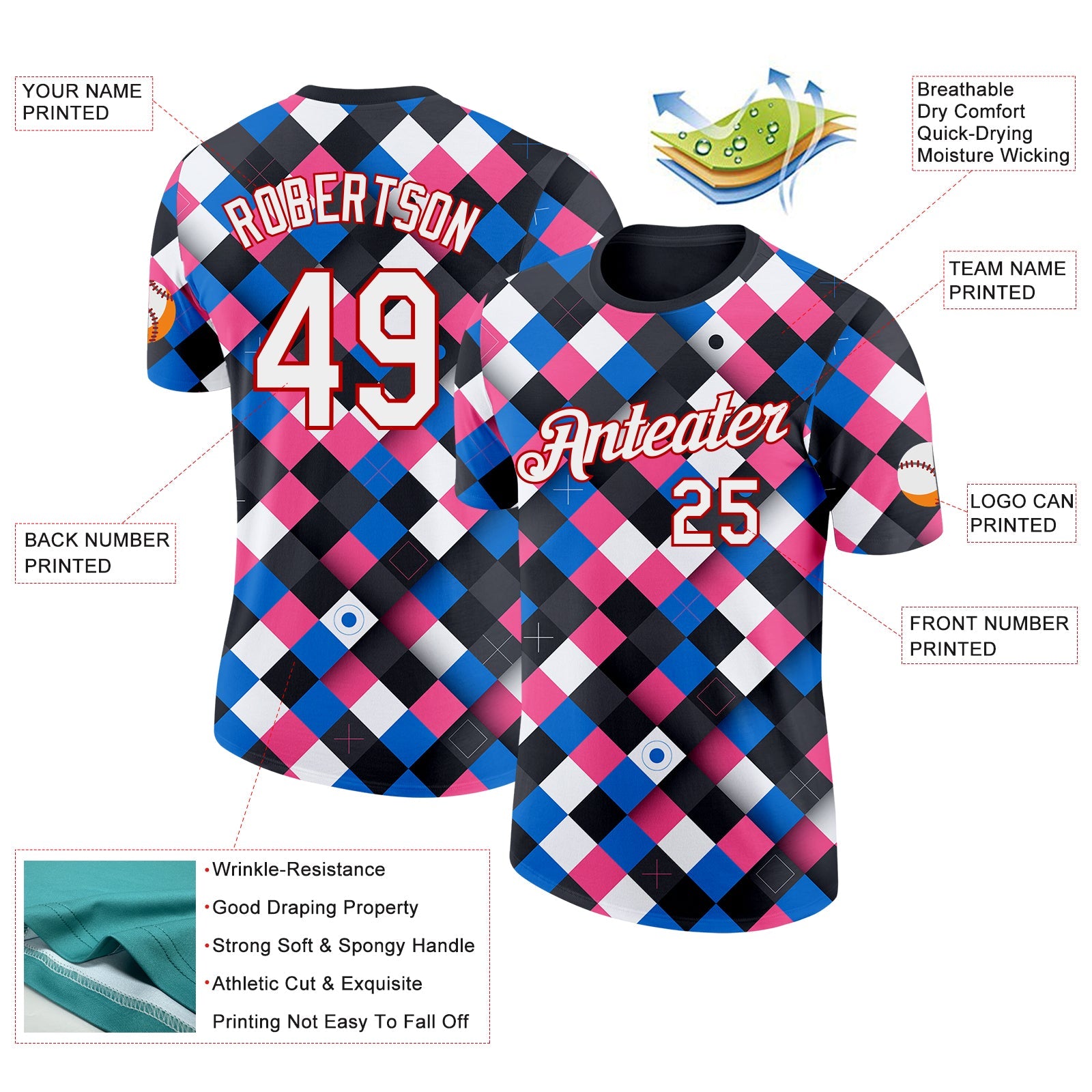Custom Black White Blue Pink-Red Geometric Digital Mosaic Performance T-Shirt view 2