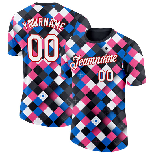 Custom Black White Blue Pink-Red Geometric Digital Mosaic Performance T-Shirt - Main View