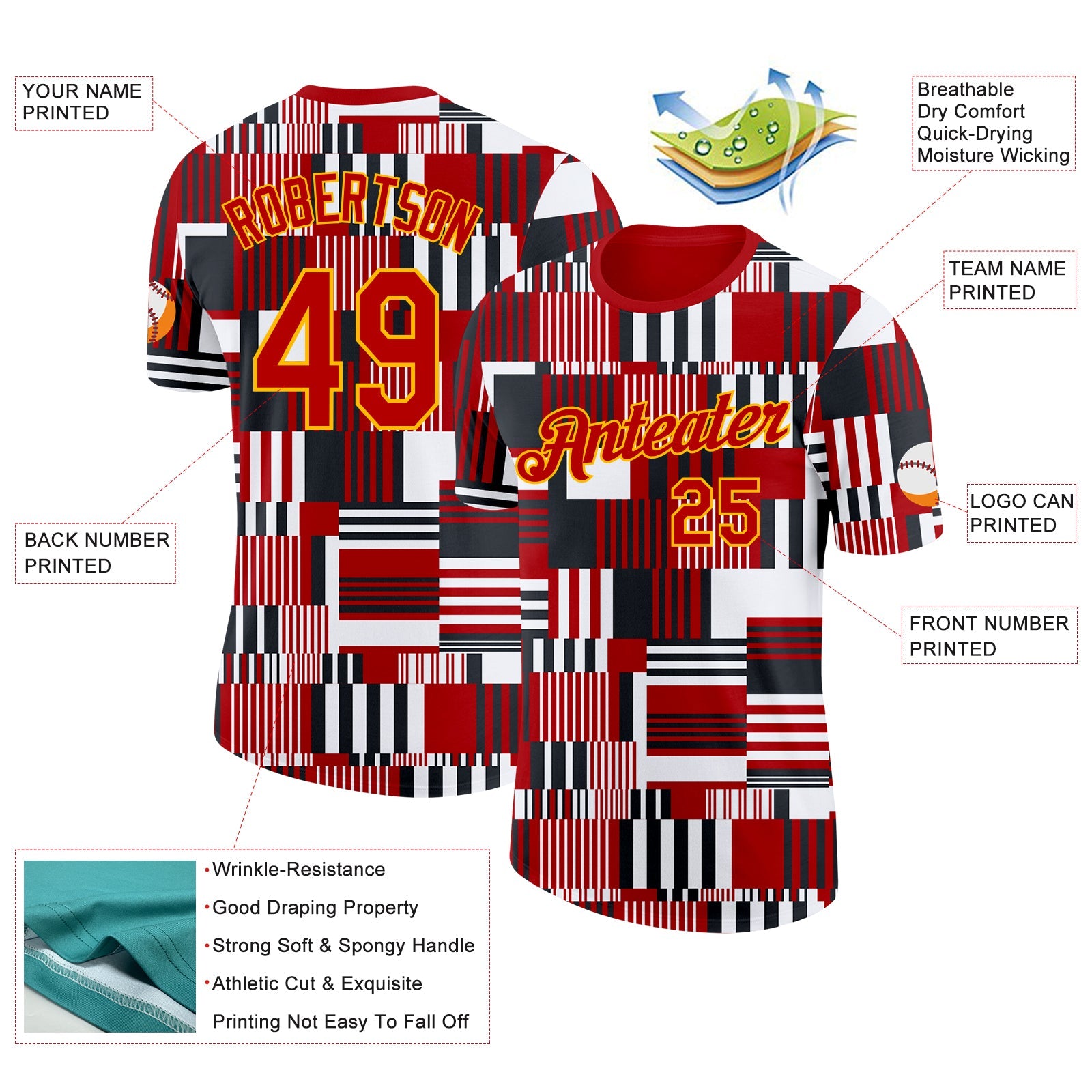 Custom Red Black White-Gold Geometric Digital Mosaic Performance T-Shirt view 2