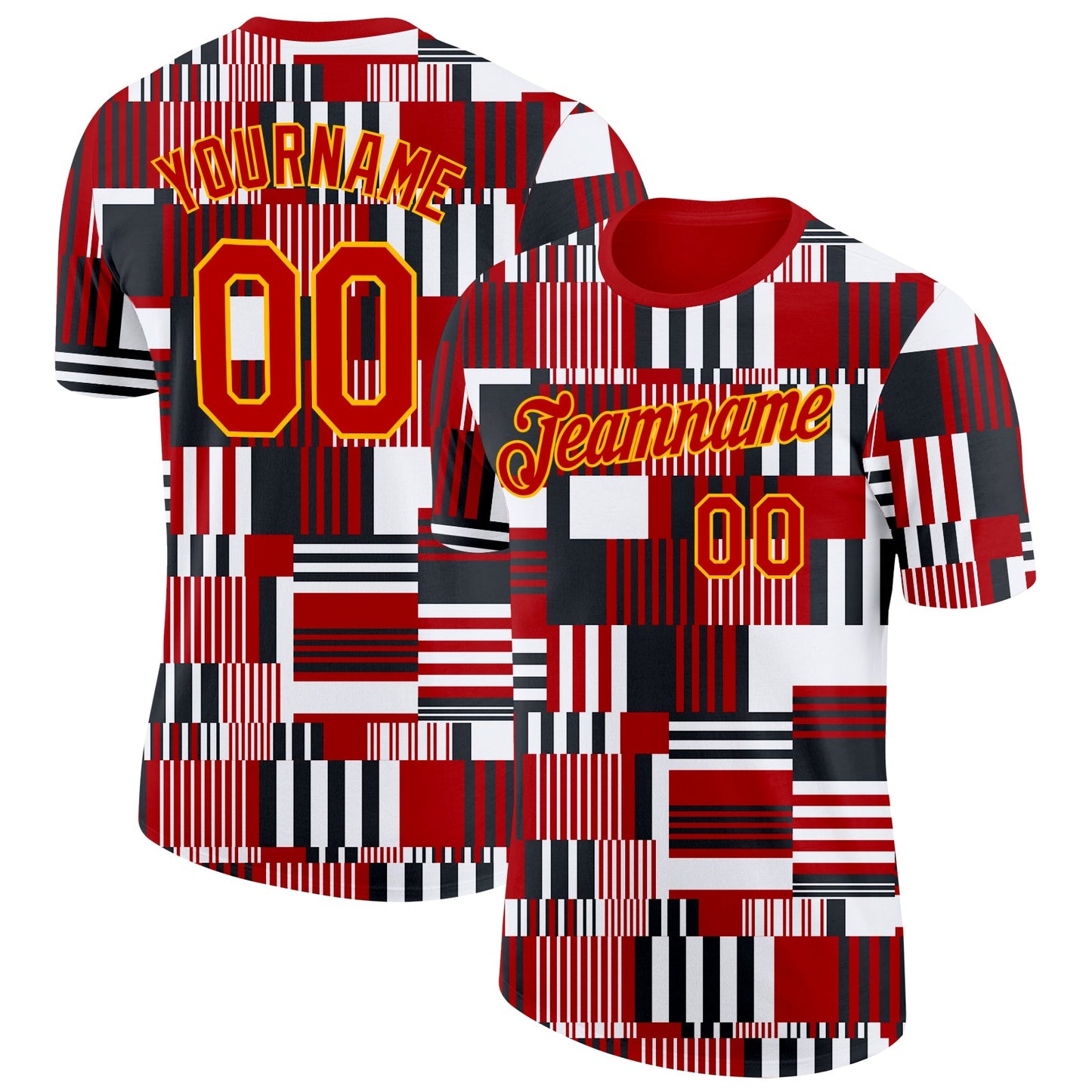 Custom Red Black White-Gold Geometric Digital Mosaic Performance T-Shirt - Main View