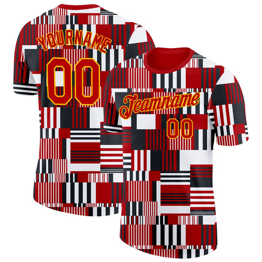 Custom Red Black White-Gold Geometric Digital Mosaic Performance T-Shirt - Main View